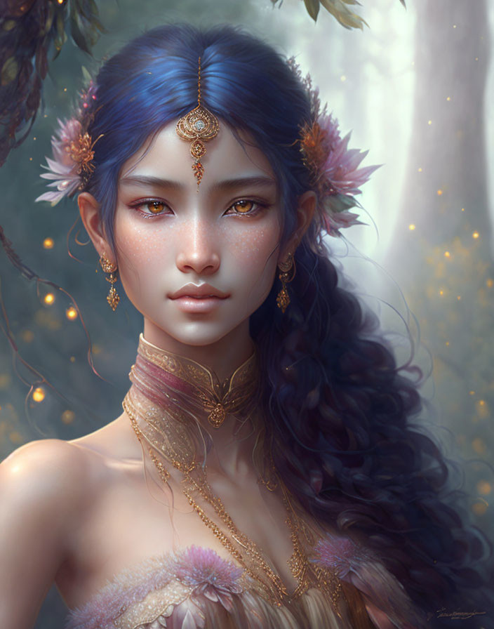 Digital painting of woman with blue hair and fantasy-themed elements in softly lit background