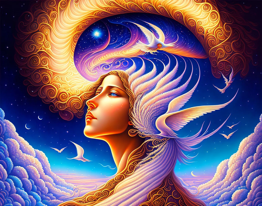 Colorful digital artwork: woman's profile with flowing hair and celestial elements