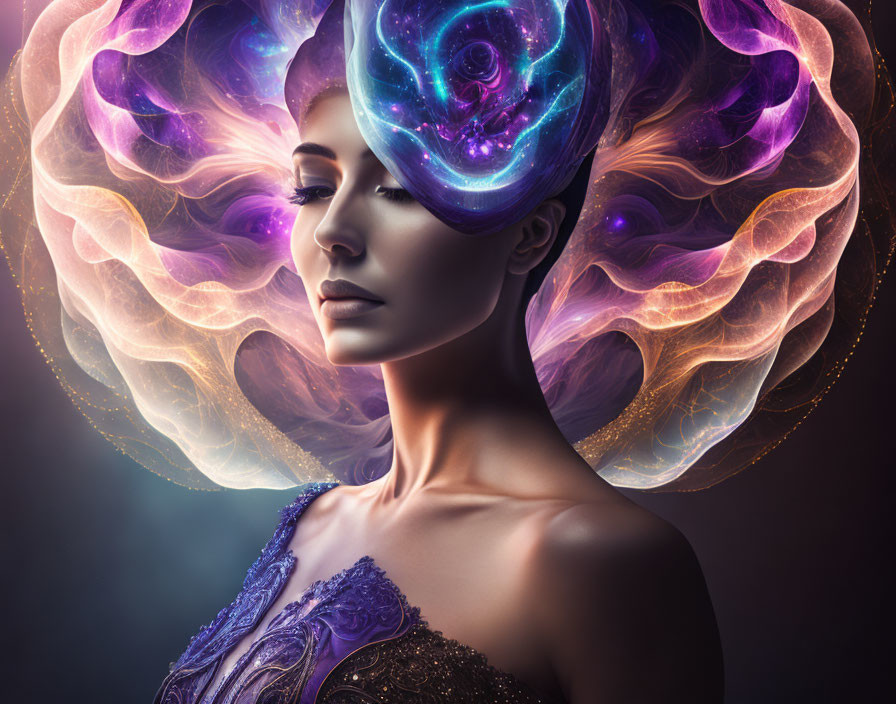 Cosmic-themed headdress on woman with swirling nebulae hair