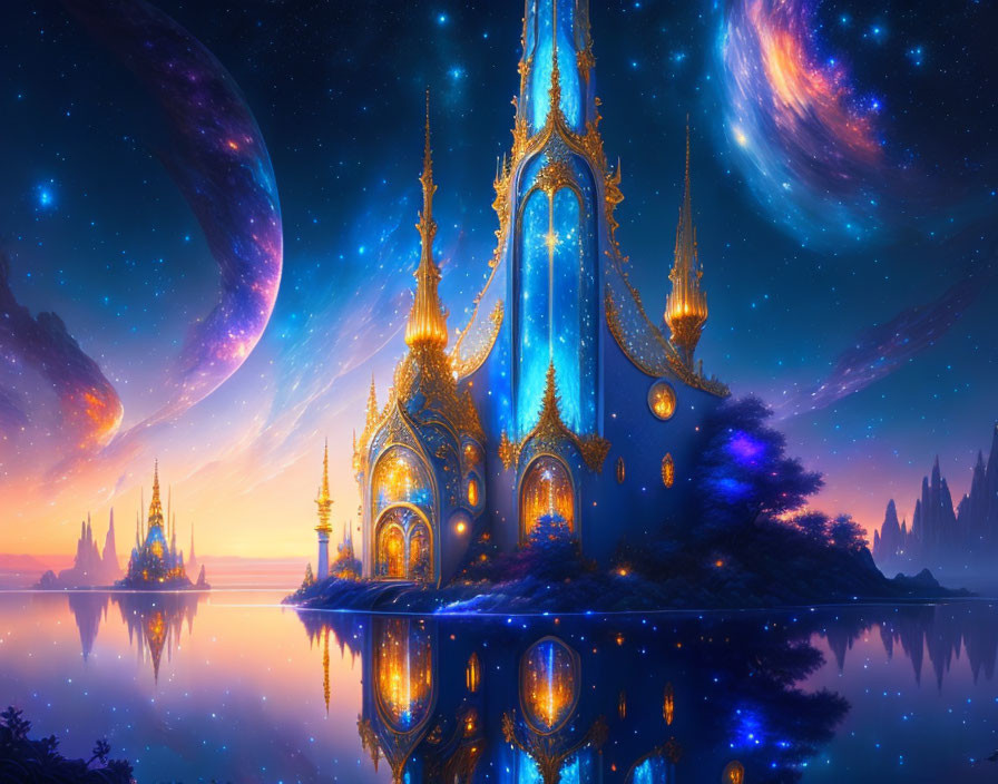 Fantastical castle with golden spires on an island under starry sky.