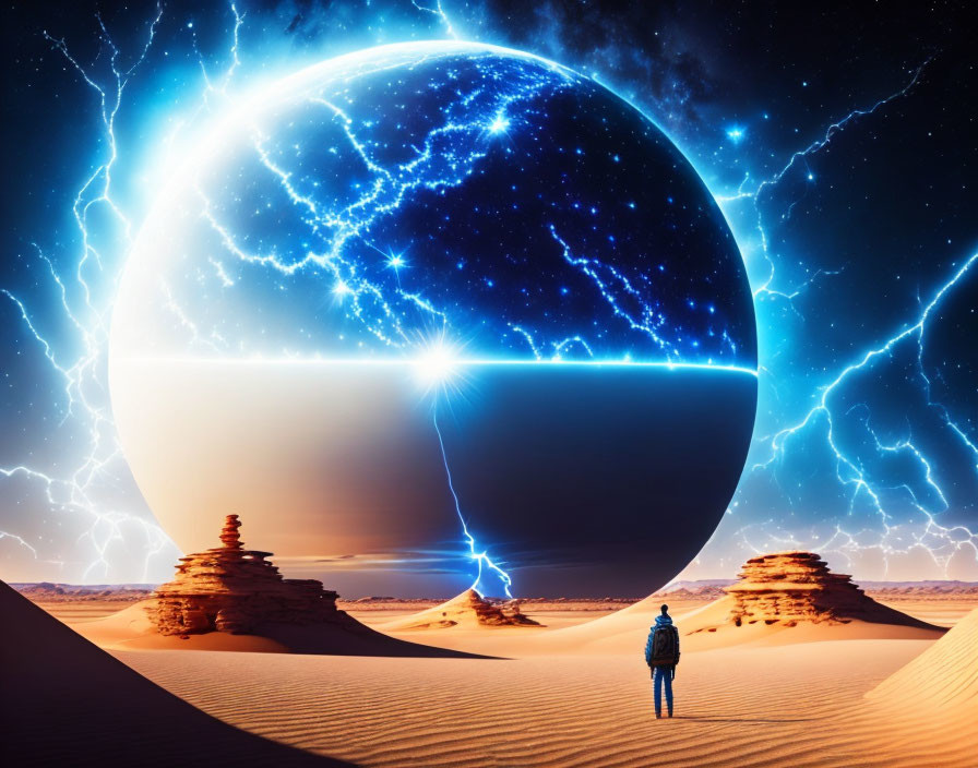 Person in desert gazes at huge luminous sphere with starry sky and lightning.