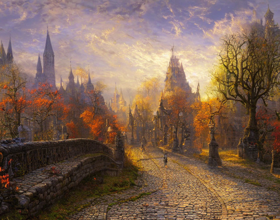 Medieval town with cobblestone bridge and autumn foliage