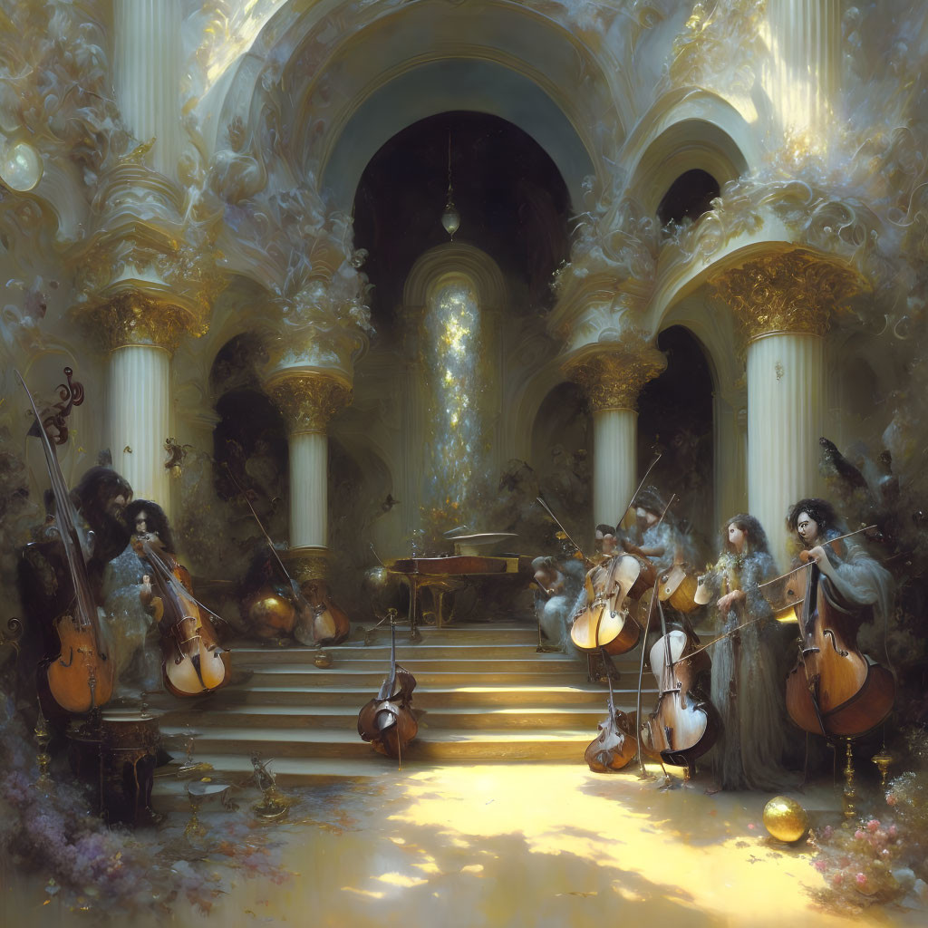 Ethereal orchestra performance in sunlit grand hall