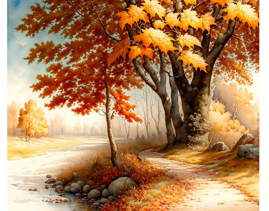 Autumn landscape painting with golden and red trees by a river