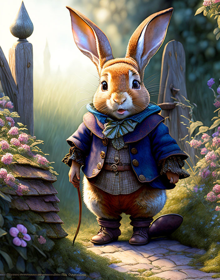 Blue-jacketed animated rabbit with walking stick near wooden fence at dusk