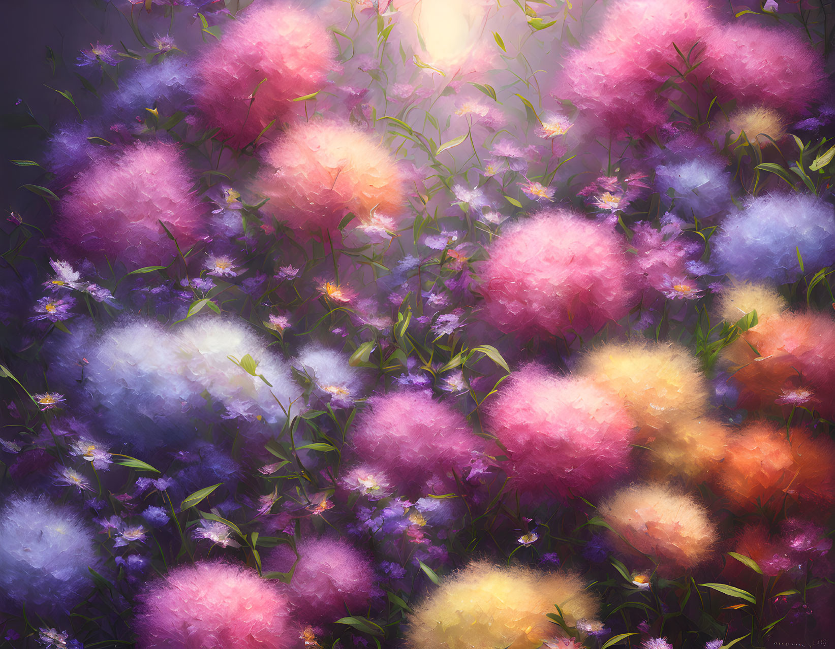 Pastel fluffy flowers illustration with soft focus and sunbeams