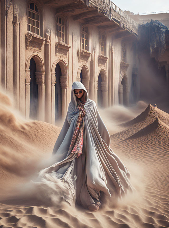 Person in flowing robe amidst swirling sand in ornate building