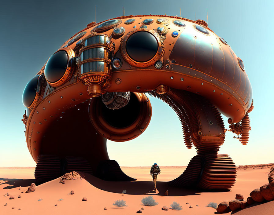 Fantastical steampunk octopus structure in desert landscape