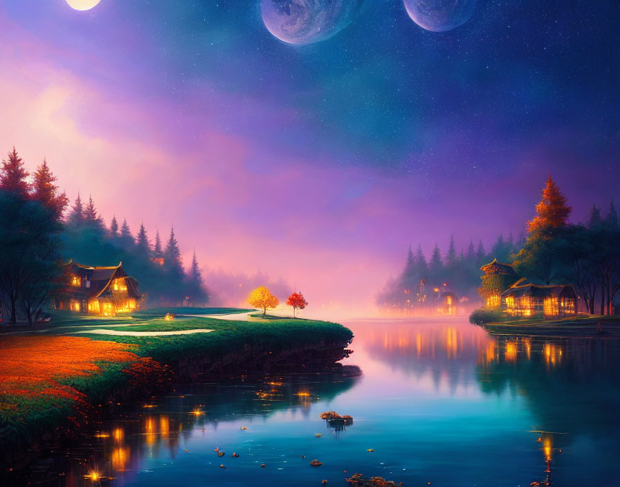 Twilight fantasy landscape with illuminated houses, calm lake, ethereal trees, and two moons