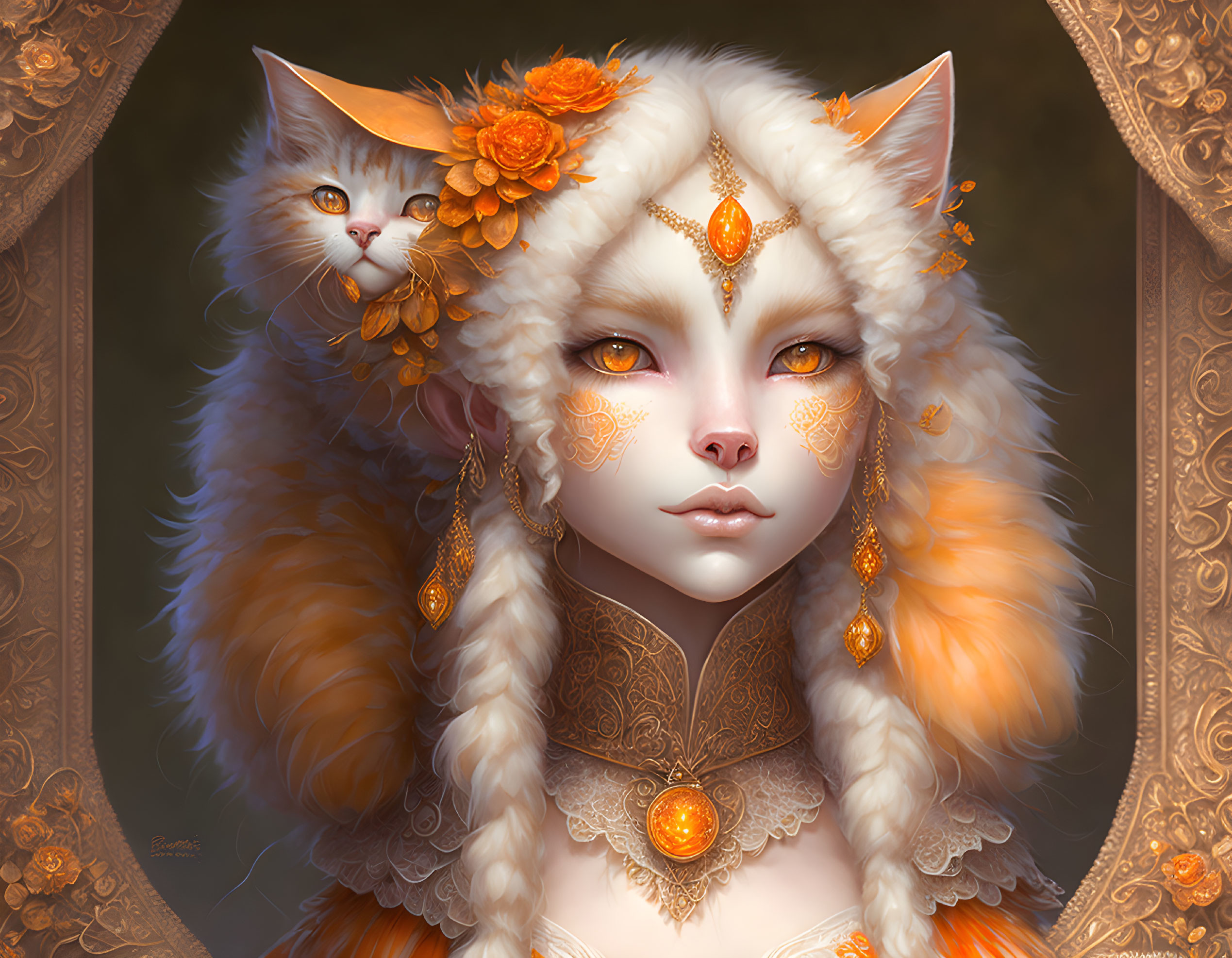 Female figure with feline features and cat adorned with orange flowers and jewelry