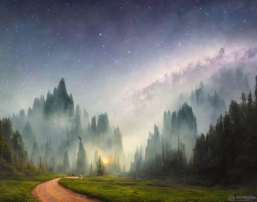 Person with lantern walks mystical forest path under starry sky