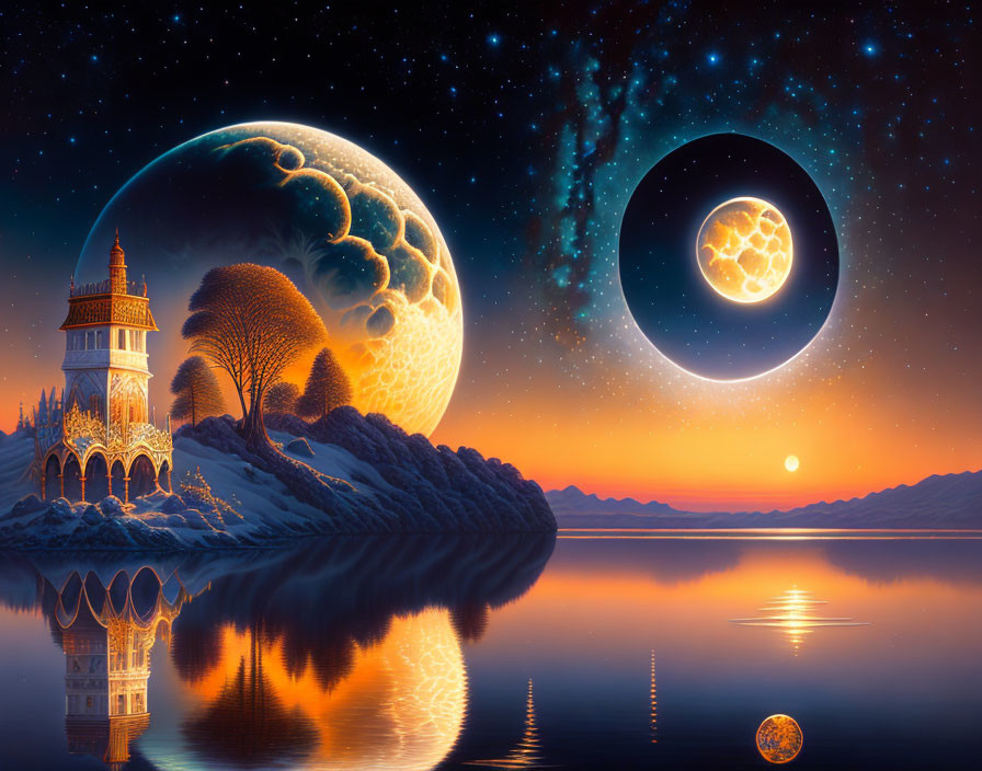 Fantasy landscape with castle on clifftop by lake at sunset, two moons in starry