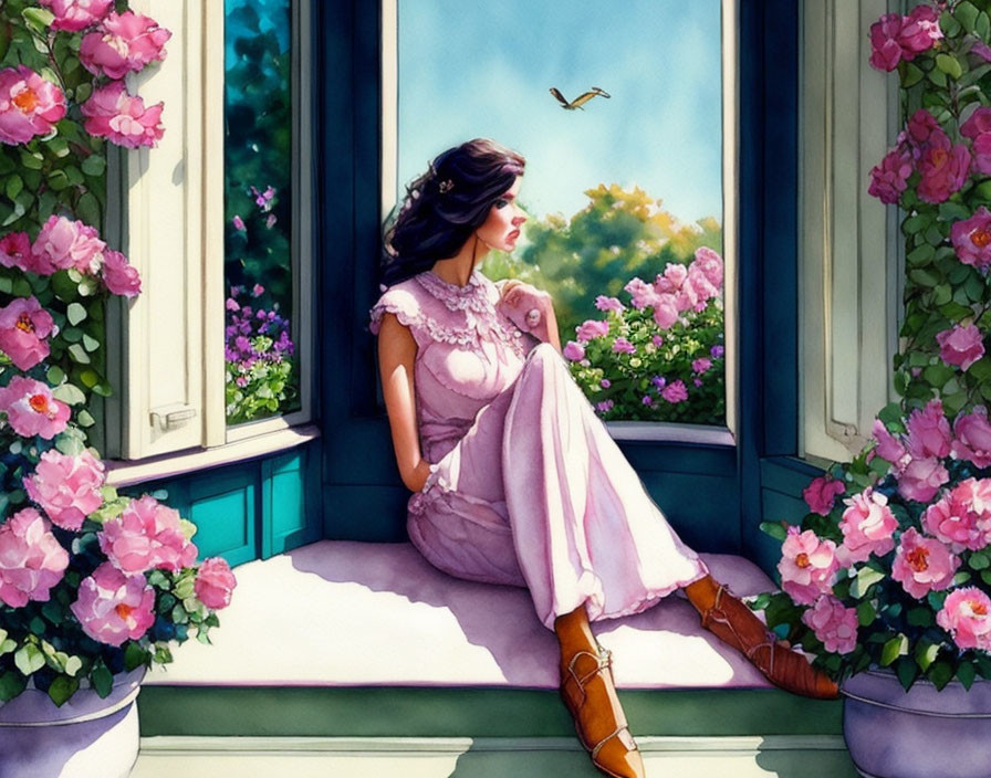 Woman in Pink Dress Contemplating by Open Window with Pink Roses