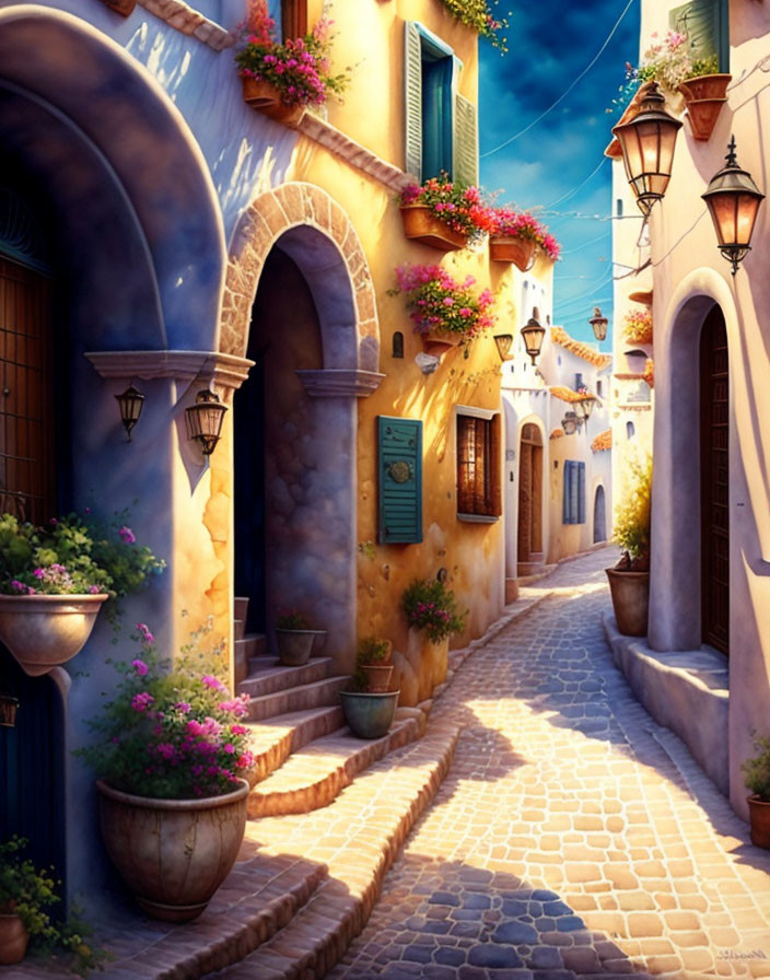 Colorful Cobblestone Street with Archways and Flower Baskets