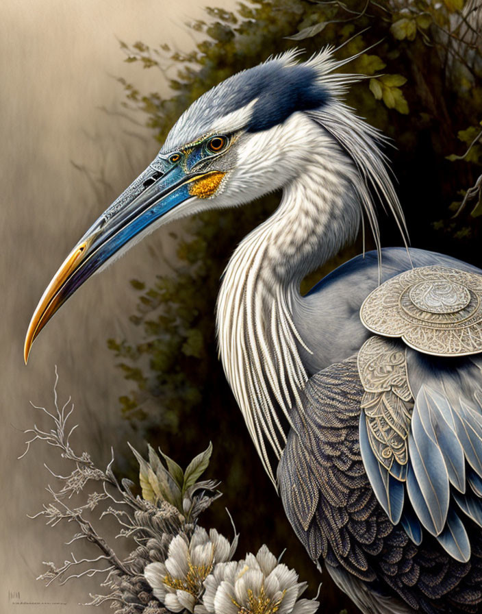 Detailed Heron Artwork with Vivid Feathers & Ornate Patterns