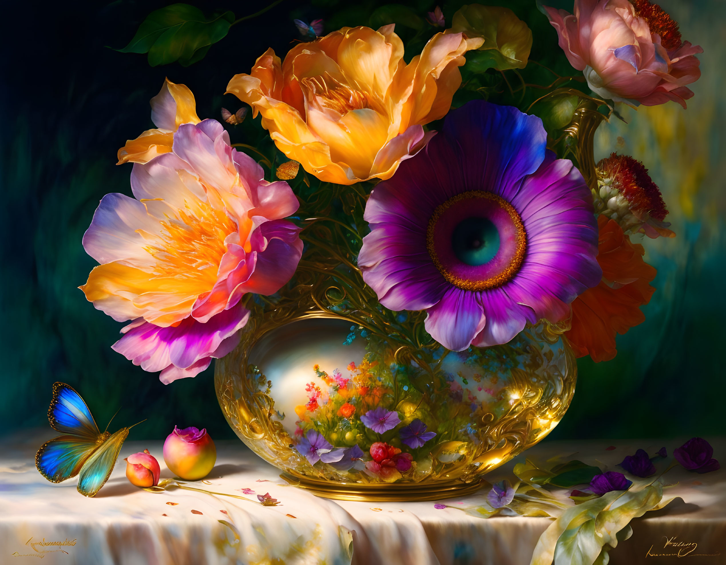 Colorful Flowers in Golden Vase with Butterfly and Fruit on Draped Cloth