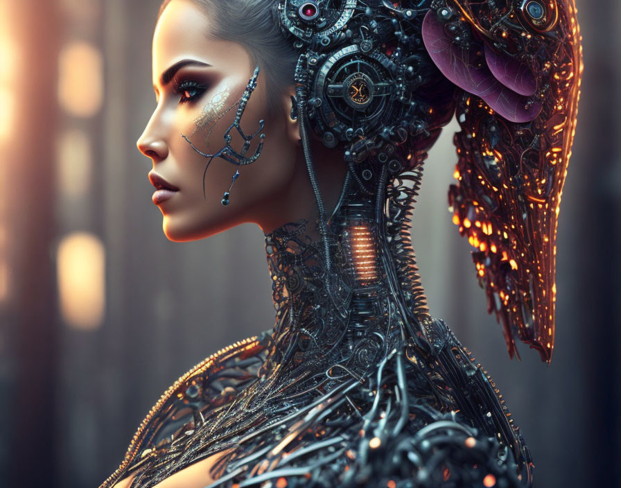 Woman with Cybernetic Enhancements: Detailed Digital Artwork