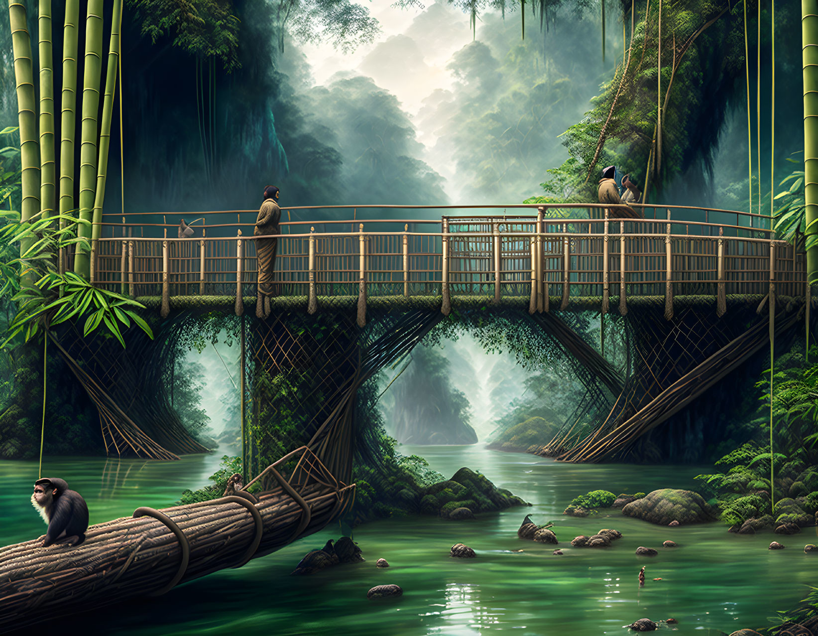 Lush Jungle Landscape with Wooden Bridge, Monkeys, and Waterfall