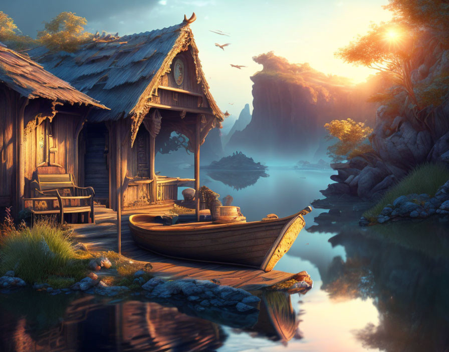 Serene sunrise landscape with wooden hut, calm lake, distant cliffs, boat, and birds.