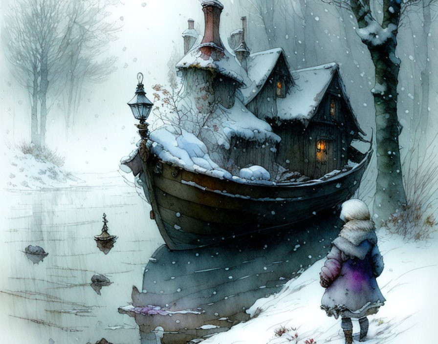 Child in Winter Coat by Snow-Covered Boat-House