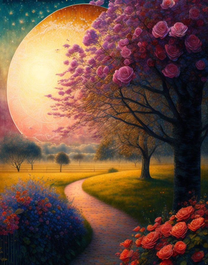 Colorful painting: Path through flower-filled landscape with detailed moon.