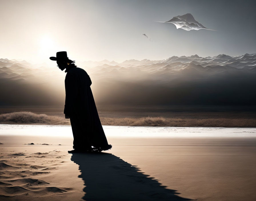 Silhouetted figure in hat and coat in desert at sunset with mountains and bird.