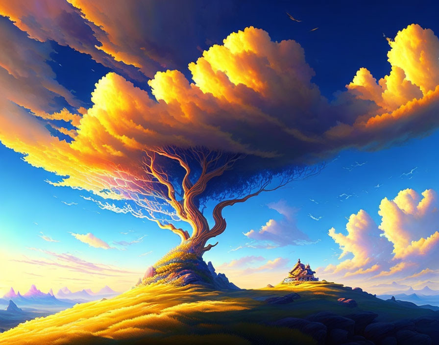 Majestic tree, hilltop house, sunset: Vibrant fantasy landscape