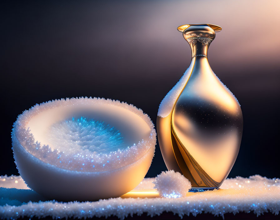 Golden perfume bottle with frosted bowl on snowy surface in soft light