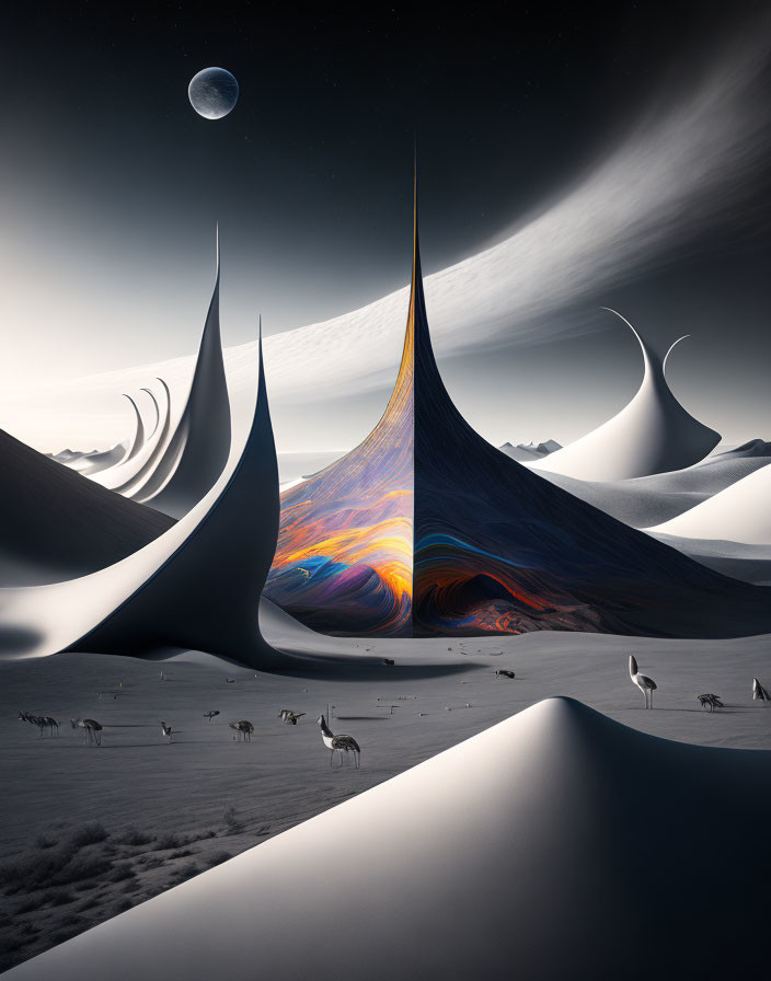 Surreal landscape with towering spires, gradient colors, animals, starry sky, and moon