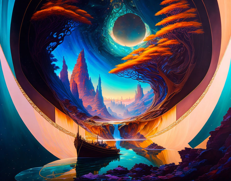 Vibrant Fantasy Landscape with Otherworldly Rock Formations