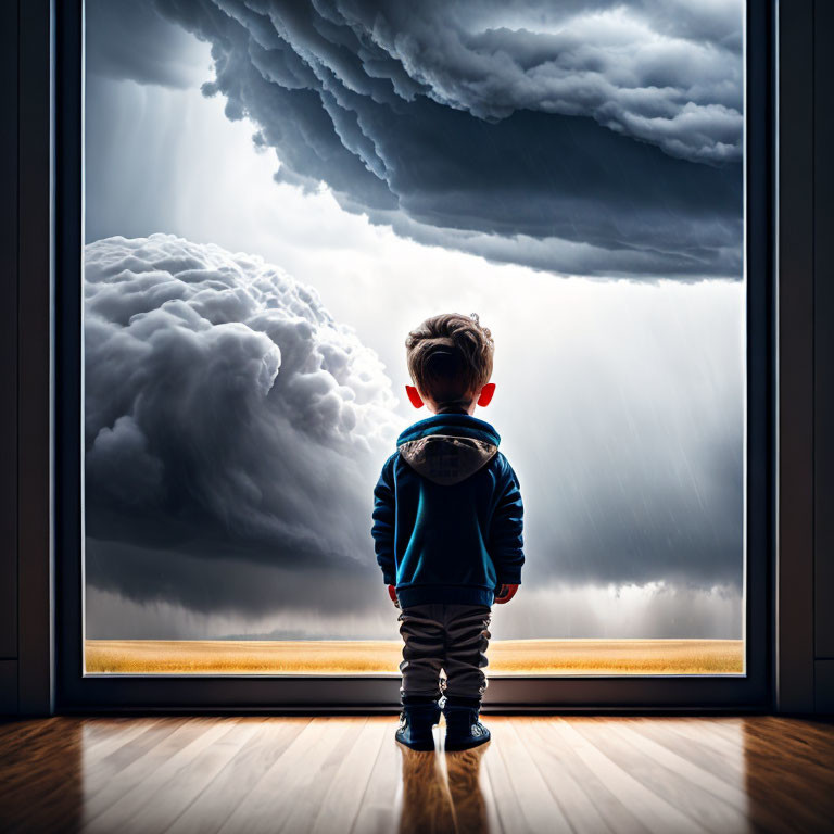 Child in red earmuffs gazes at stormy sky through window