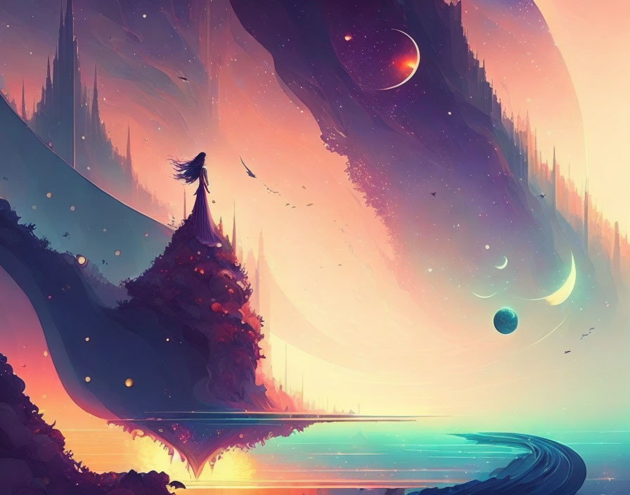 Figure on Cliff Overlooking Vibrant Otherworldly Landscape