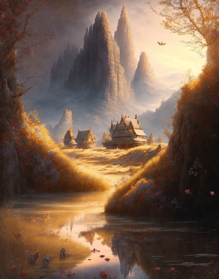 Fantasy landscape with towering spires and autumn trees by a river