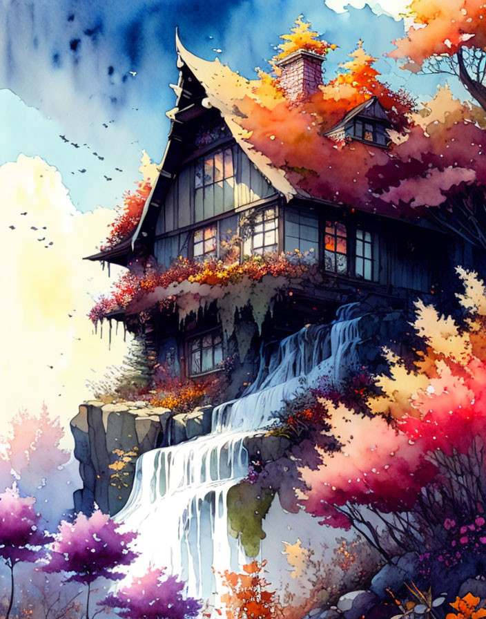 Illustration of cliff-side house with waterfall & autumn foliage