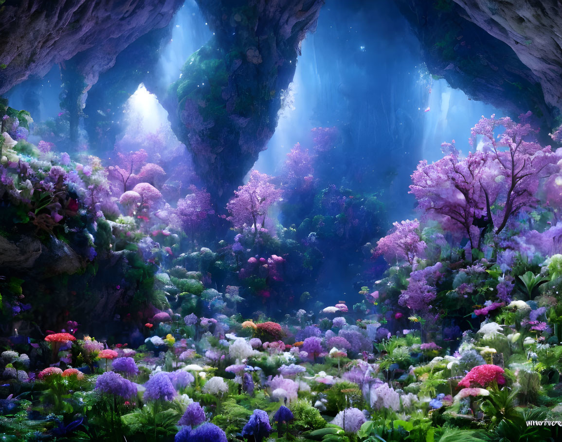 Colorful blossoming flowers in mystical cave with light shafts