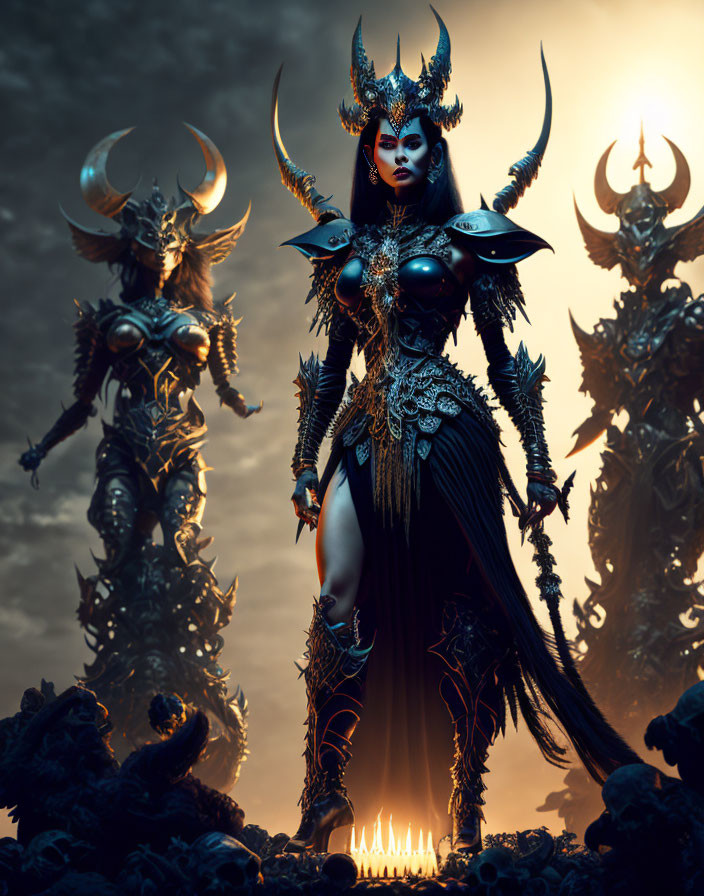 Fantasy art: Majestic queen with horns in dark armor, surrounded by imposing warriors in dramatic landscape