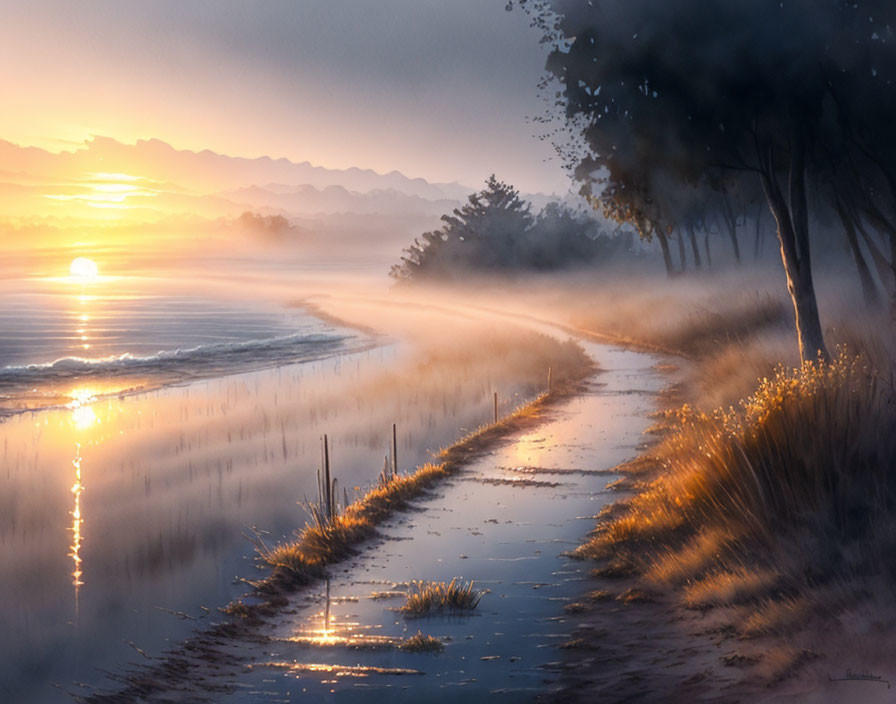 Tranquil landscape with winding river path at sunrise