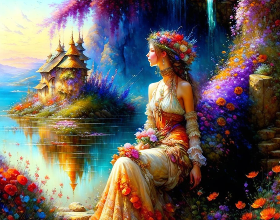 Woman in ornate dress by tranquil lake with fantasy cottages in vibrant landscape