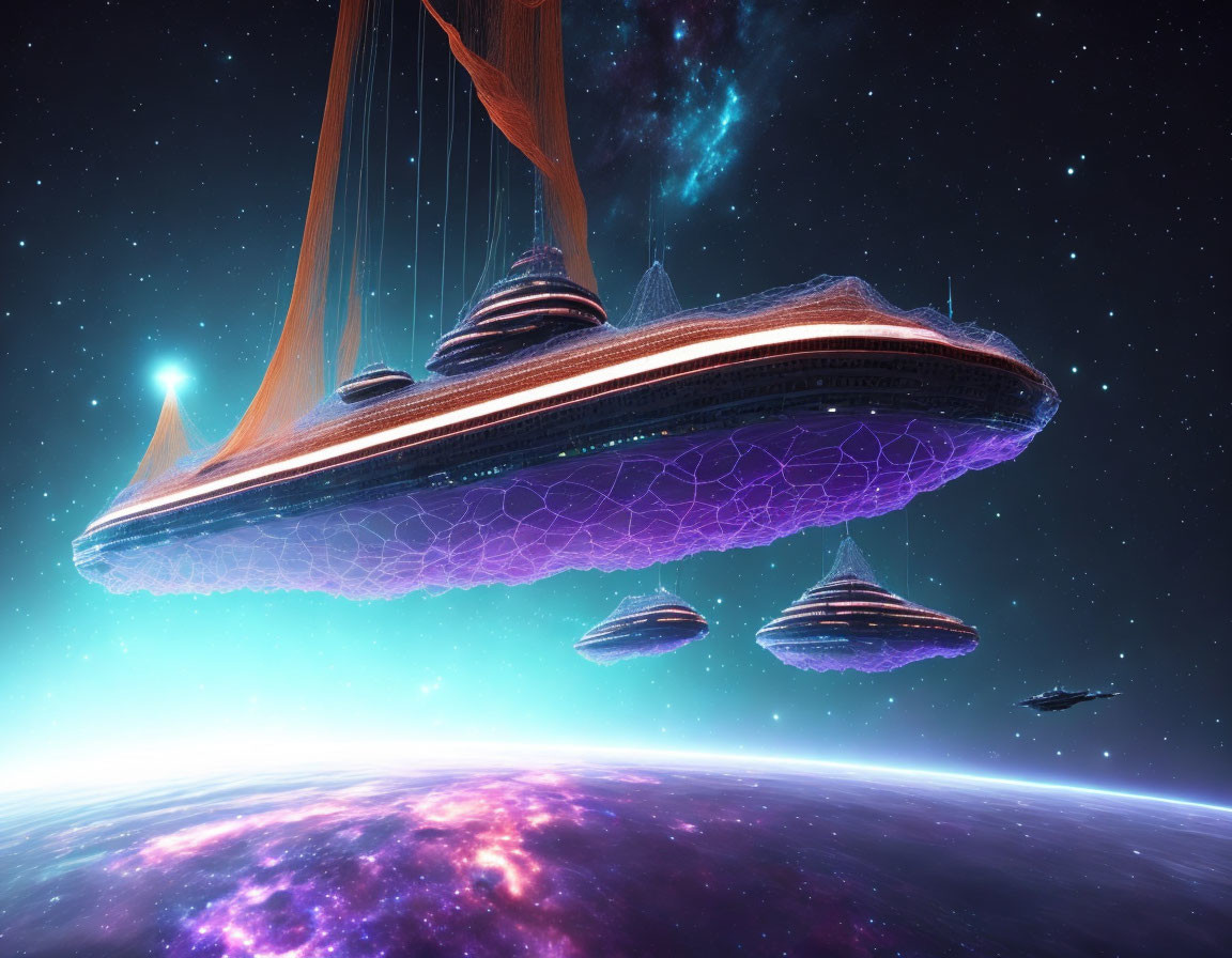 Futuristic spacecraft fleet above vibrant cosmic landscape