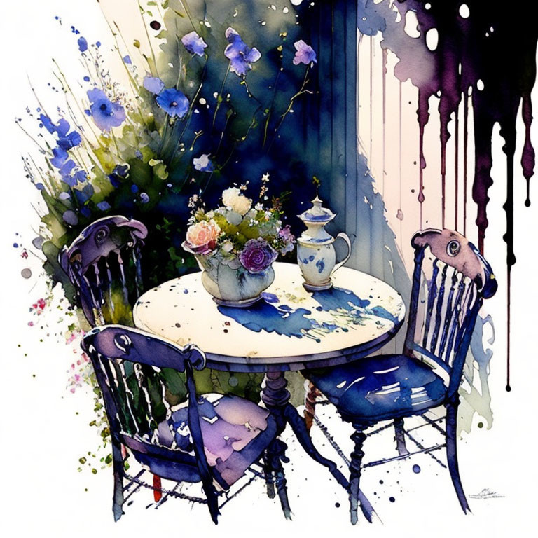 Watercolor Café Scene with Bistro Table, Chairs, Teapot, Cup, and Bouquet in