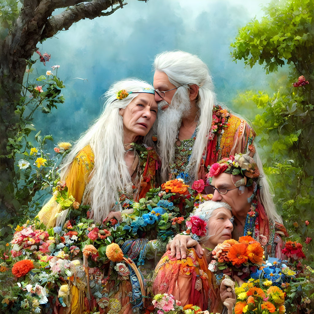 Elderly and young couples embrace in colorful floral attire