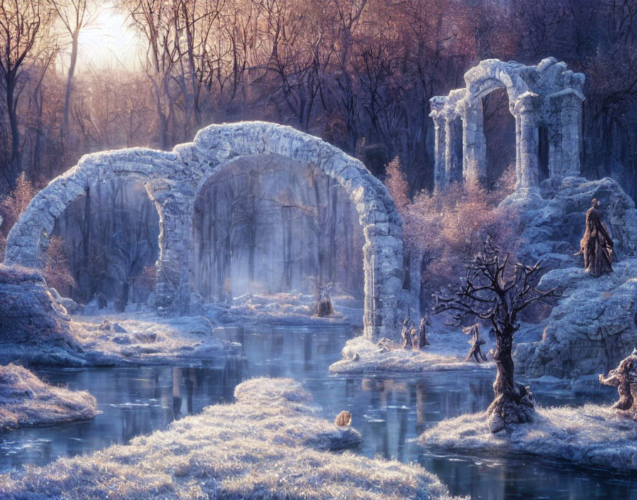 Mystical foggy landscape with ancient stone arches over serene river