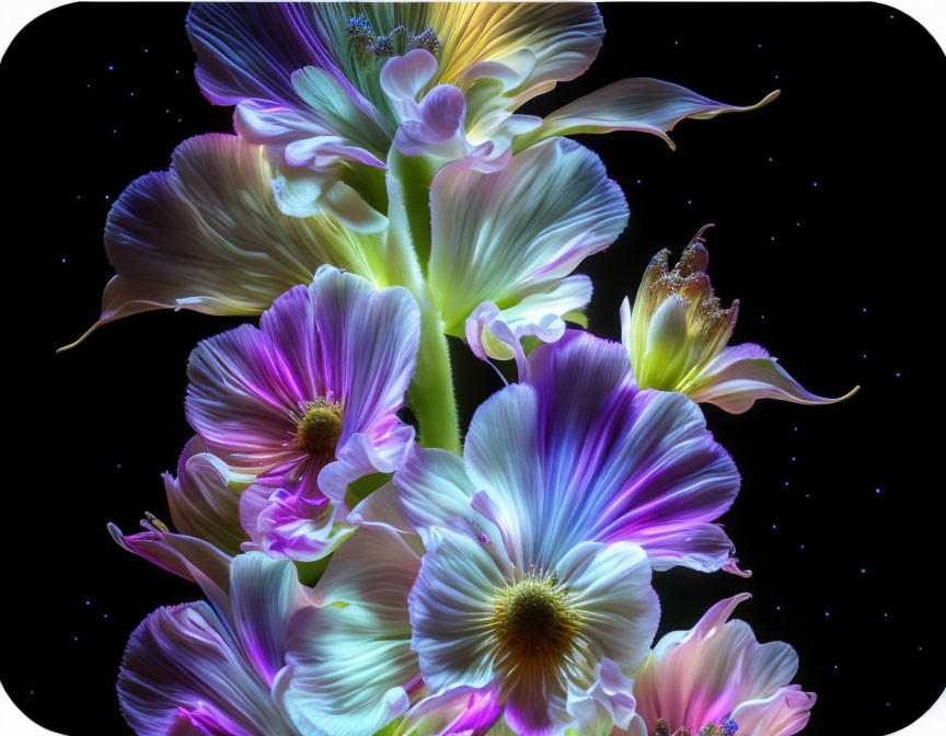 Translucent flowers in various colors on dark, starry background