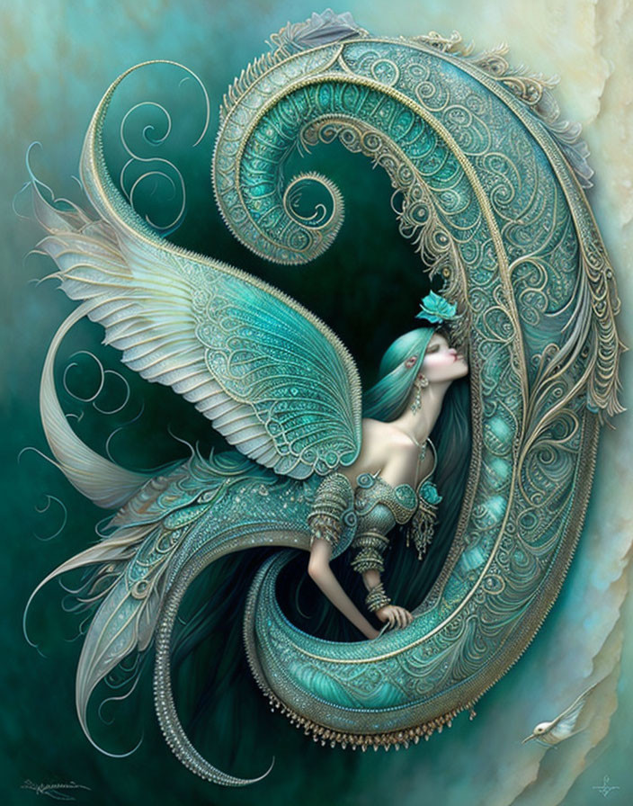 Fantasy image of woman with teal wings in aqua-toned paisley setting