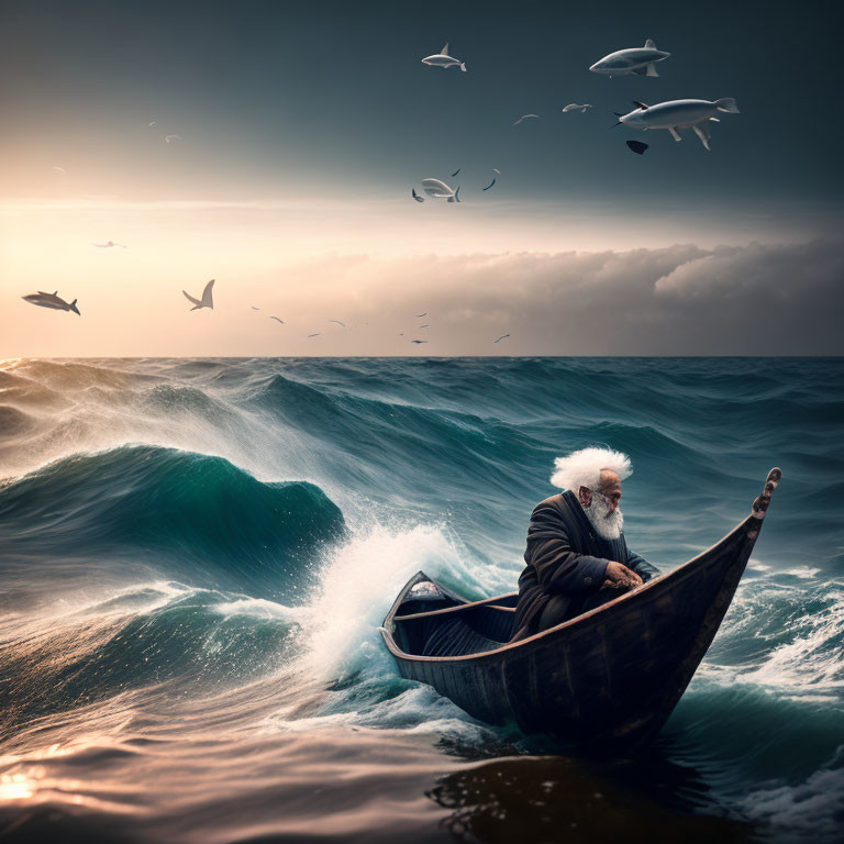 Elderly man rows small boat in stormy sea with seagulls