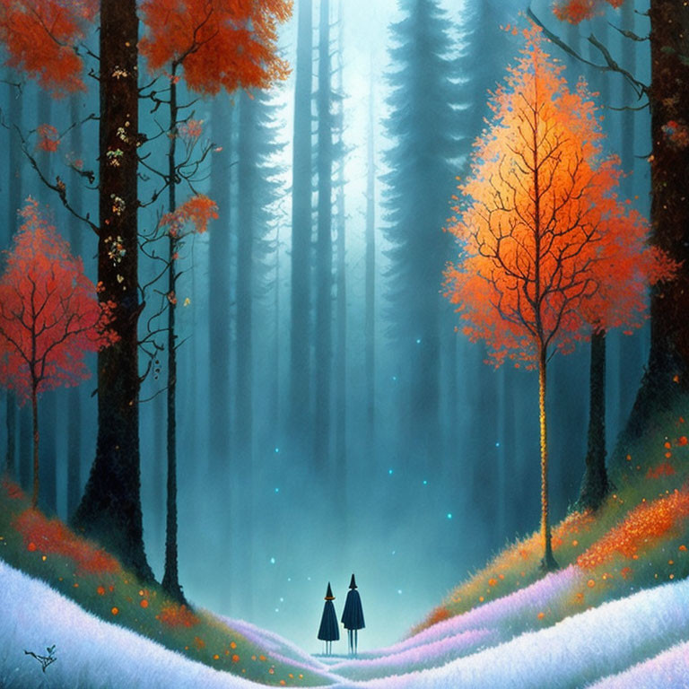 Autumn forest scene with mystical ambiance and two figures walking on path