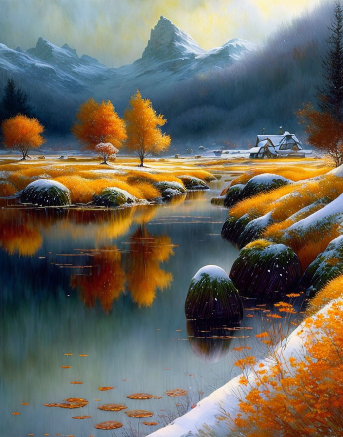 Golden trees, tranquil lake, mountains, cabin, and early snow in autumn landscape