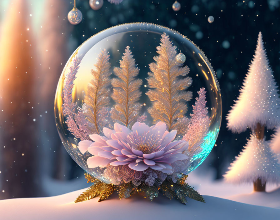 Golden Trees and Pink Flower in Crystal Ball Snowy Landscape