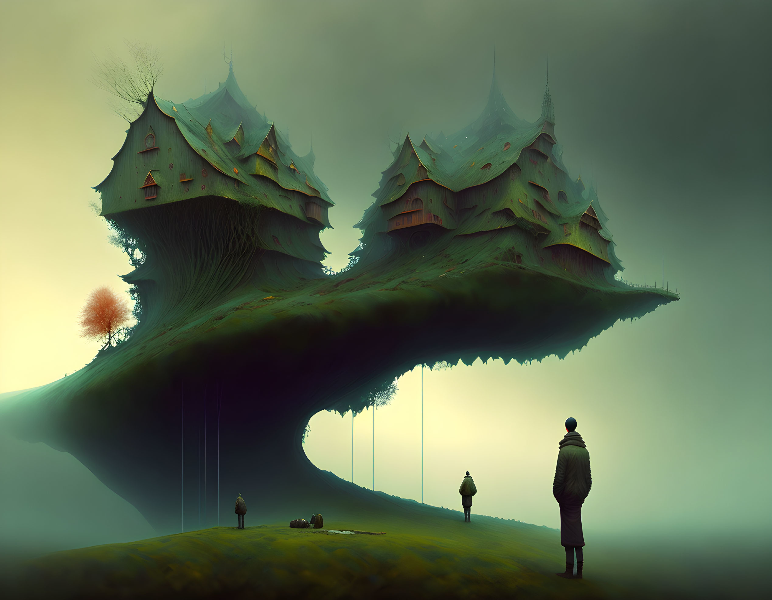 Surreal landscape with floating islands, whimsical houses, lone tree, and two people in fog