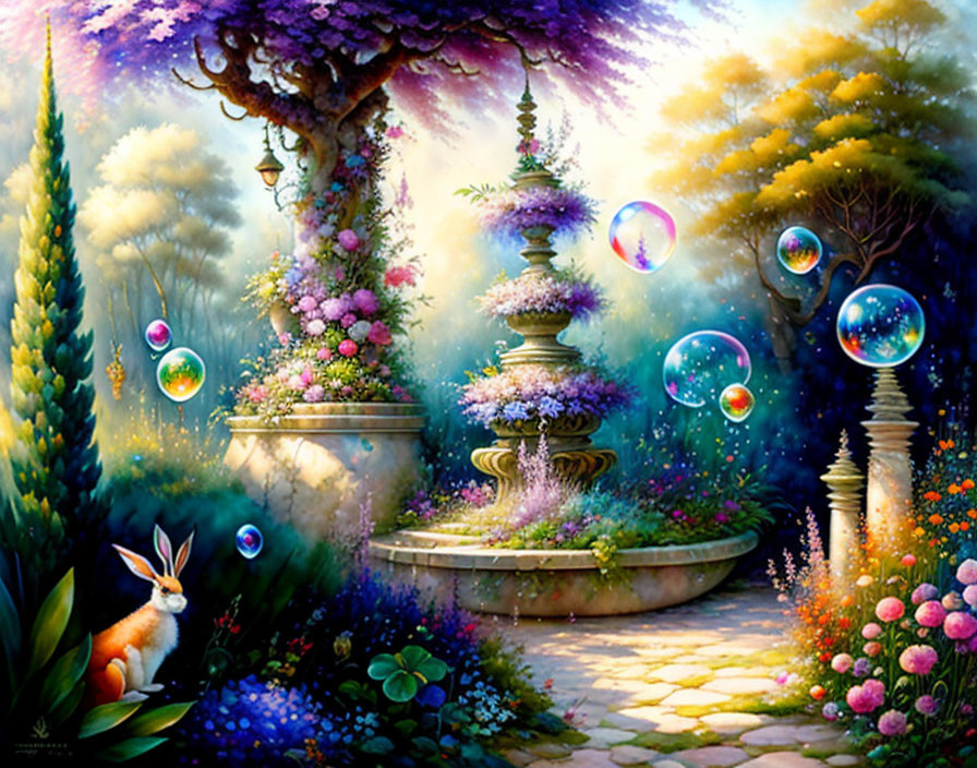 Enchanted garden with colorful flora, whimsical orbs, rabbit, fountain, mystical tree